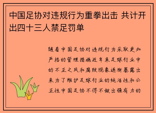 中国足协对违规行为重拳出击 共计开出四十三人禁足罚单